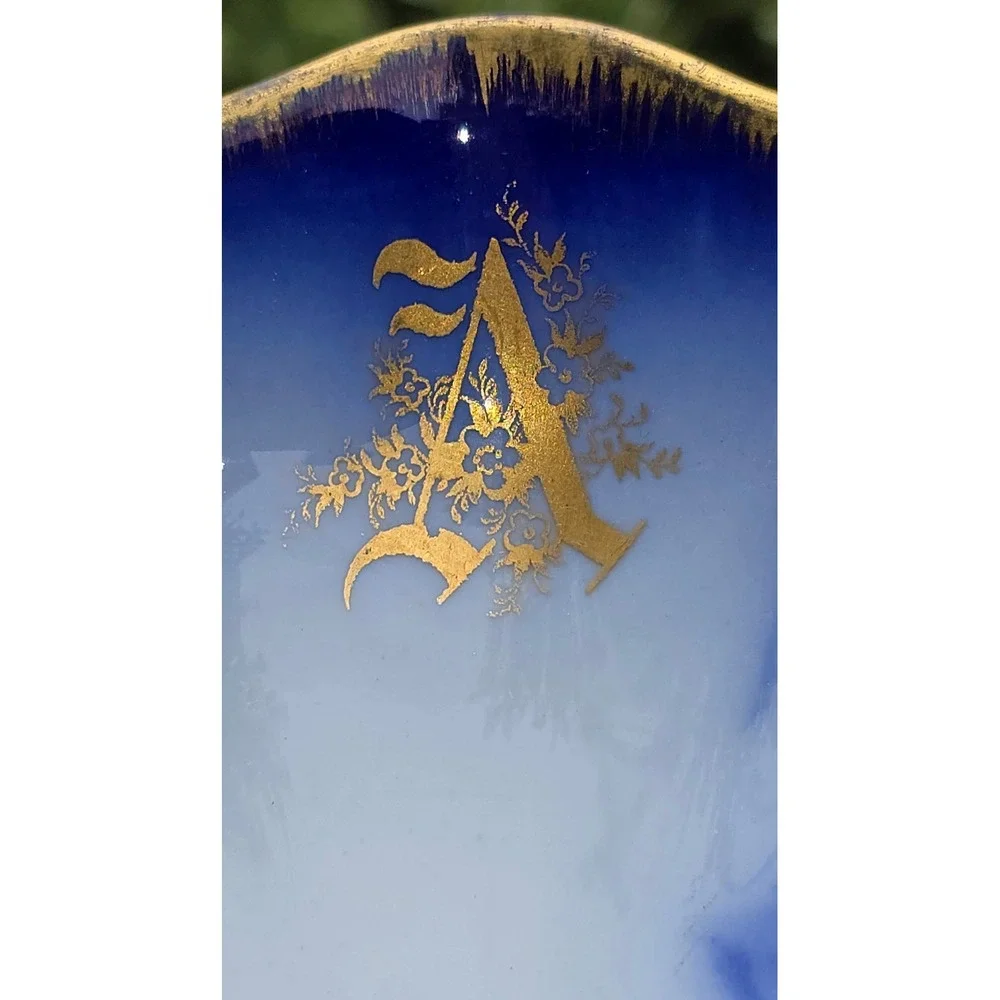 Antique Flow Blue Porcelain Pedestal Compote Bowl Gold Monogram A Scalloped